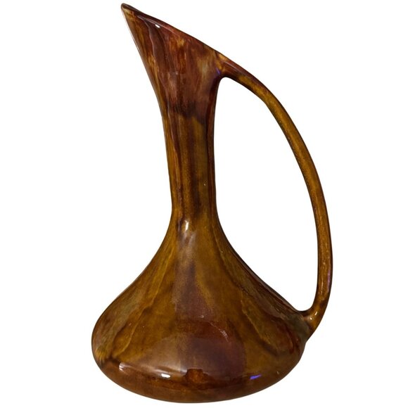 Vintage Hathaway Pottery Brown Glaze Pitcher Vase Curve Handle MCM Rare Signed - Picture 1 of 12